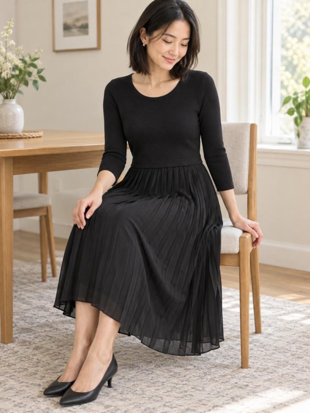 Nic+Zoe Rib Knit Dress Womens Black Onyx Size L Pleated Skirt Long Sleeve NWT